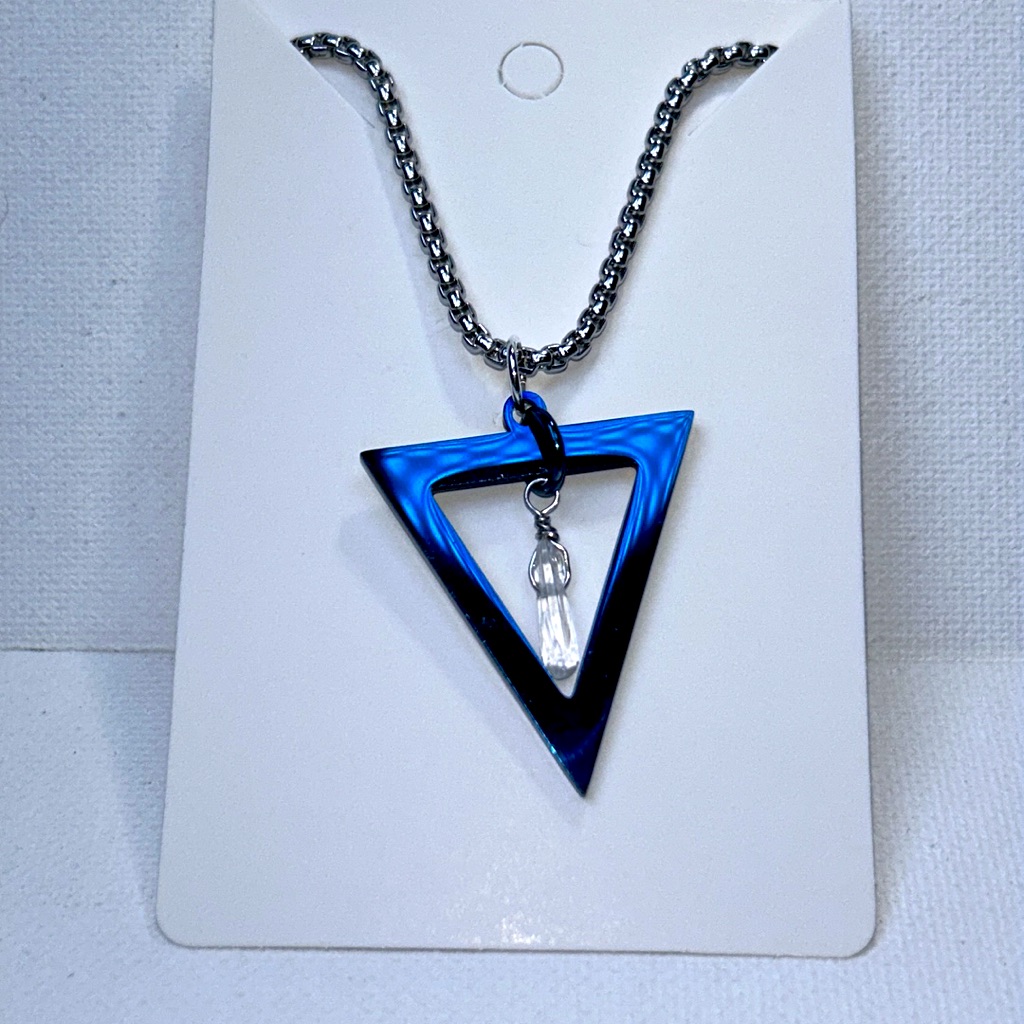 Handmade Stainless Steel Blue Triangle Genuine Natural Quartz Crystal Necklace